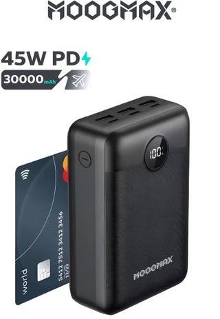 باور بانك 30000 سوبر سمول بوكت سايز صغير بحجم البطاقة. شاحن متنقل 30000 بقوة شحن 45 واط موزعه على المنافذ. باور بانك قوي بستة منافذ شحن (شاحن تايب سي& منفذ شحن لايتنينج (ايفون)& 3*شاحن يو اس بي& 1*مدخل شحن مايكرو). بطاريه متنقله يسمح بحملها في الرحلات الجوية. بطارية شحن مزود بشاشة عرض رقمية. شاحن ايفون، سامسونج، هونر، يمكنك من شحن حتى اللابتوب وغيره من الاجهزة المدعومة. باللون الأسود من موجماكس